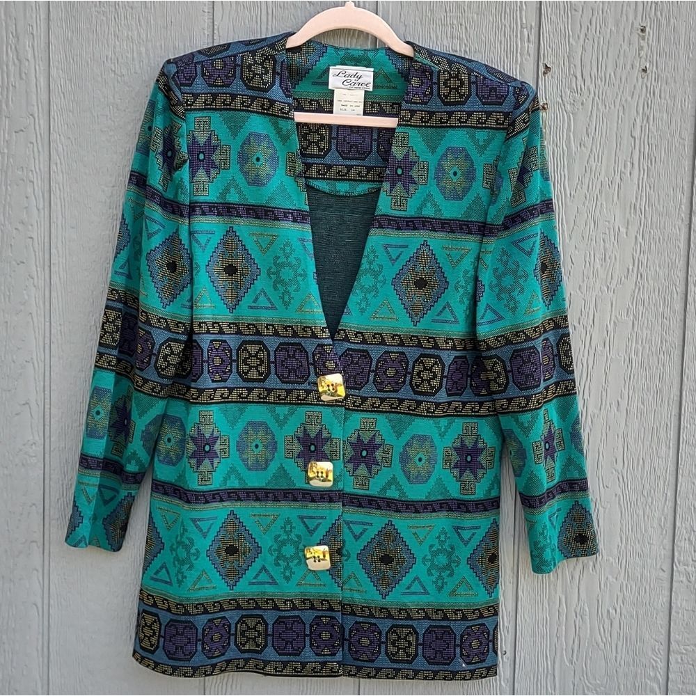 Lady Carol of‎ New York Turquoise Aztec Blazer Size 14